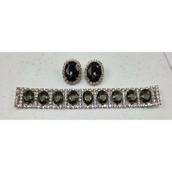 Vintage Smoke and Ice Crystal Rhinestone Bracelet & Earrings Set Oval - Picture 16 of 16